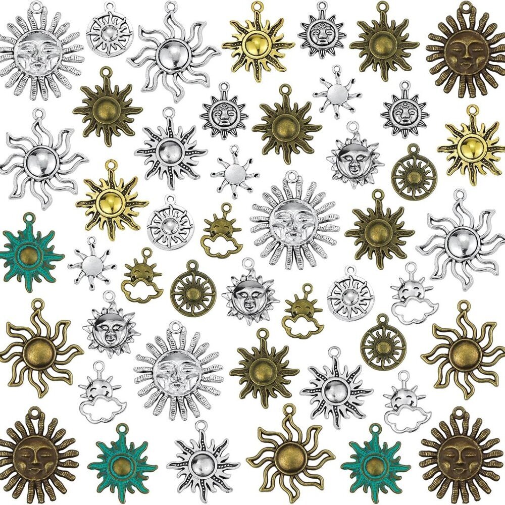 Celestial Sun Charms 42pcs Mixed Antique Gold Silver Bronze Colors Sun Smile Pen